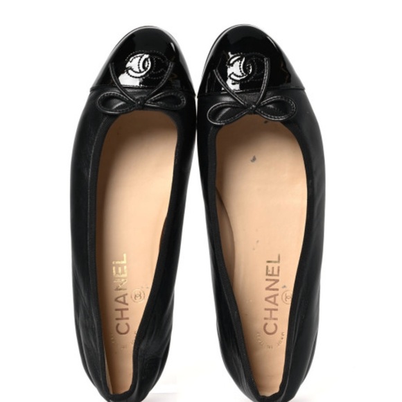 Chanel Black Lamb Skin Leather Ballet Flats Shoes With Cap Toe Size 40 US 10 - Picture 1 of 16